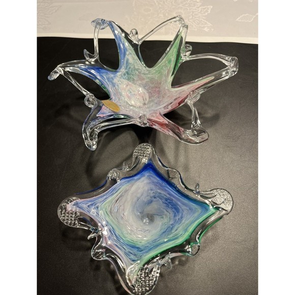 2 ~ Murano Art Glass Bowls Abstract Sculptures Blue Green Swirl Original Sticker - Picture 2 of 16